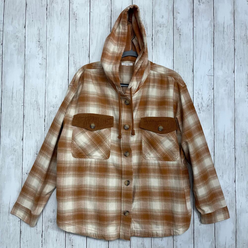 Maurices Plaid Cotton Long Sleeve Hooded Oversized Button Down Shacket Jacket